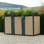 Ensemble de 3 abris à poubelles, anthracite RAL 7016, porte aspect bois (hêtre), toit végétalisé inclus