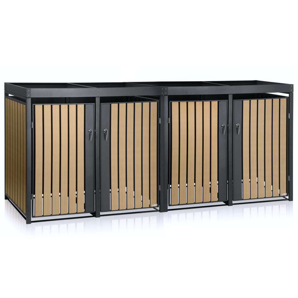 Bin storage unit, set of 4, anthracite RAL 7016, door in wood look (beech), incl. green roof