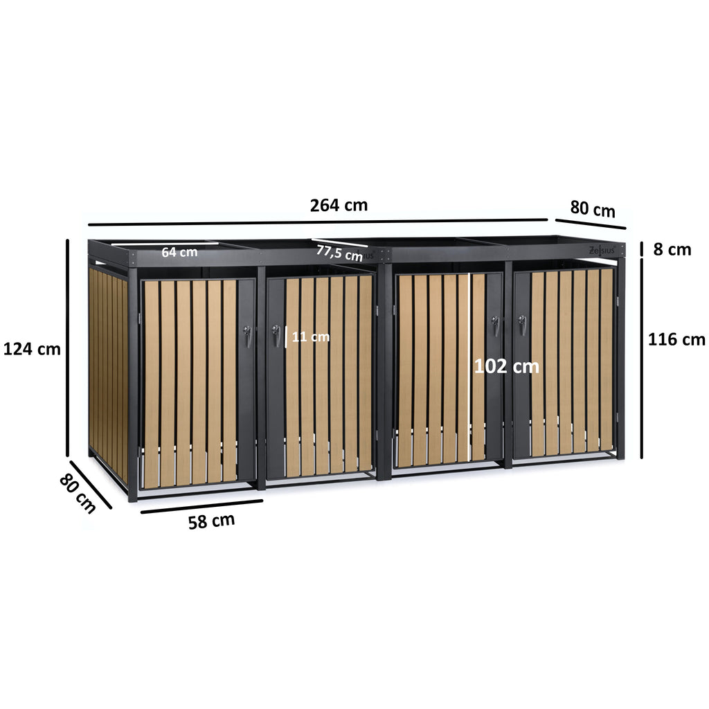 Bin storage unit, set of 4, anthracite RAL 7016, door in wood look (beech), incl. green roof