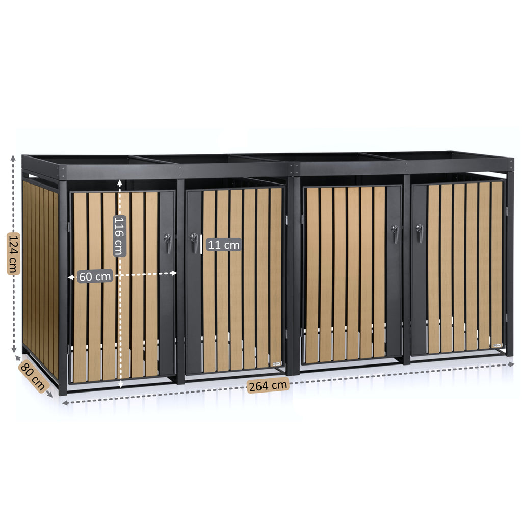 Bin storage unit, set of 4, anthracite RAL 7016, door in wood look (beech), incl. green roof