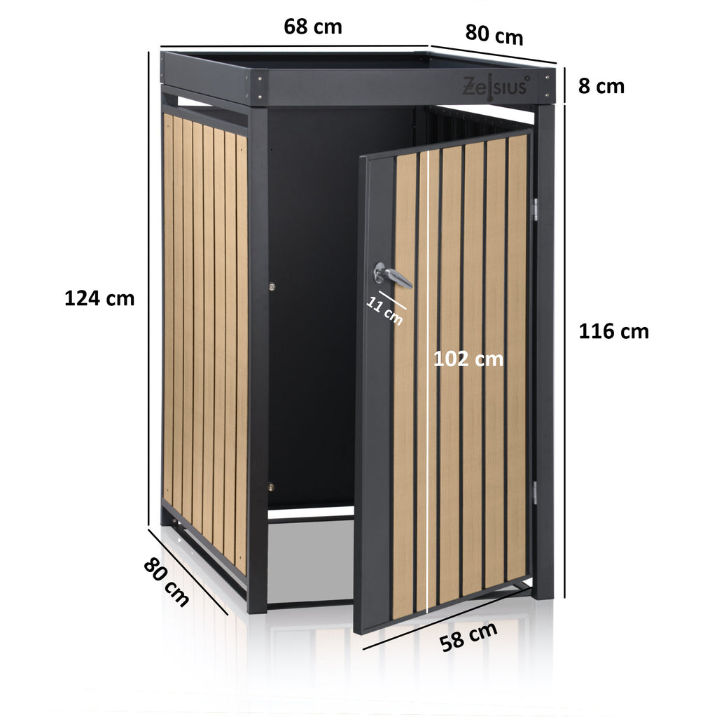 Bin storage box, anthracite RAL 7016, door in wood look (beech), incl. green roof