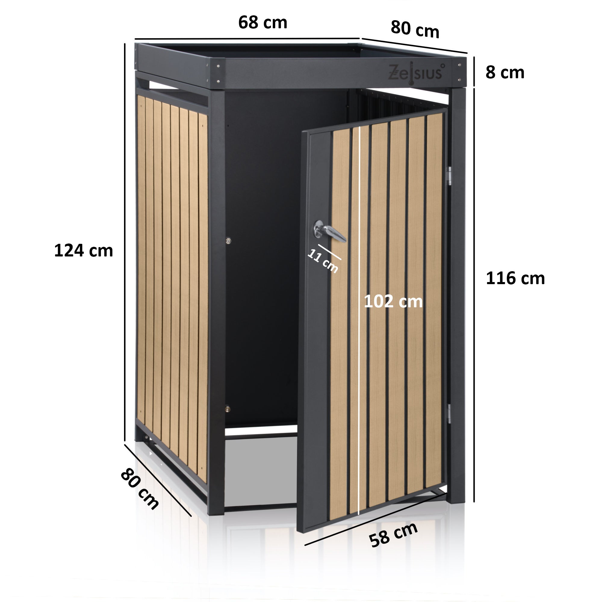 Bin storage box, anthracite RAL 7016, door in wood look (beech), incl. green roof