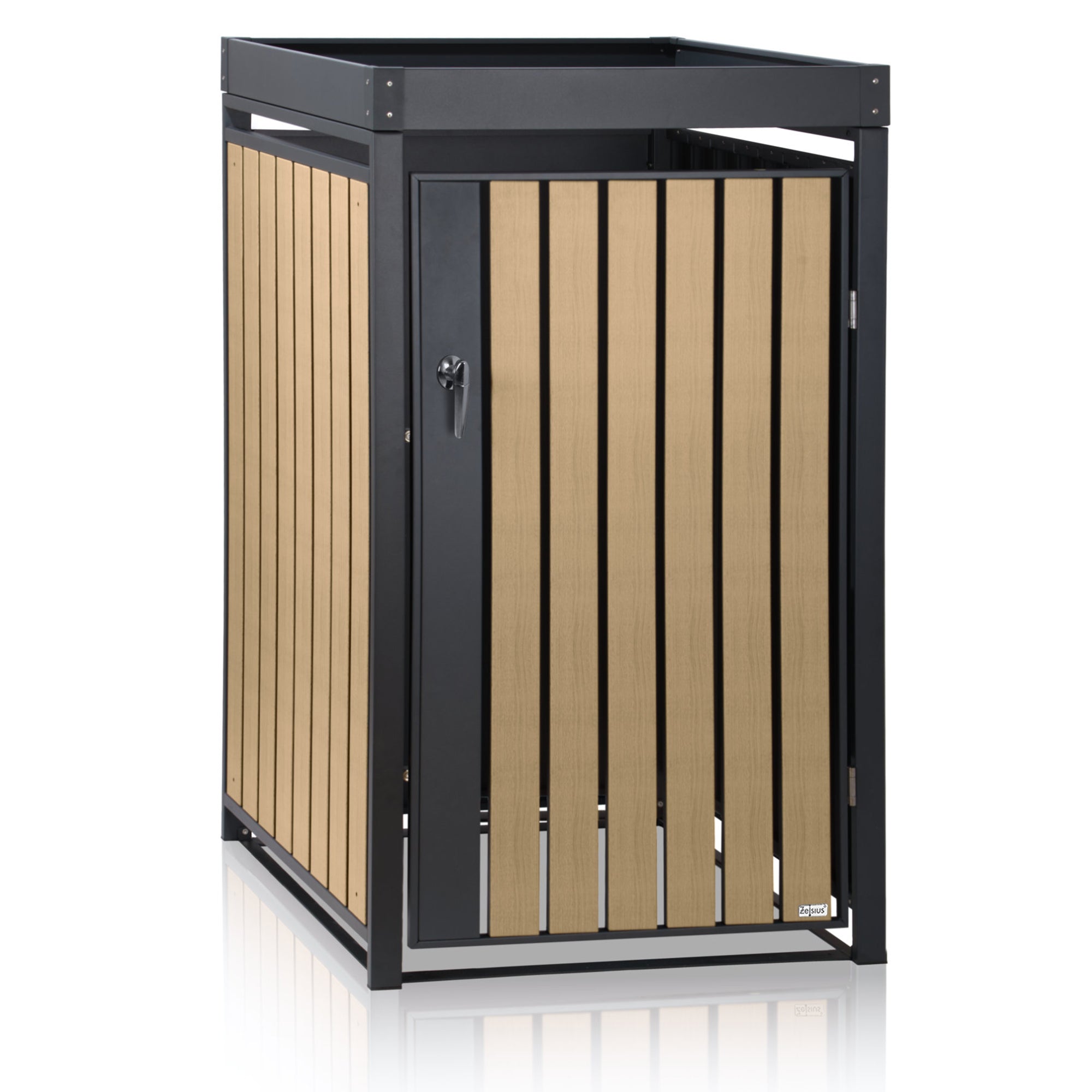 Mülltonnenbox, Anthrazit RAL 7016, Tür in Holzoptik (Buche), inkl. Pflanzdach