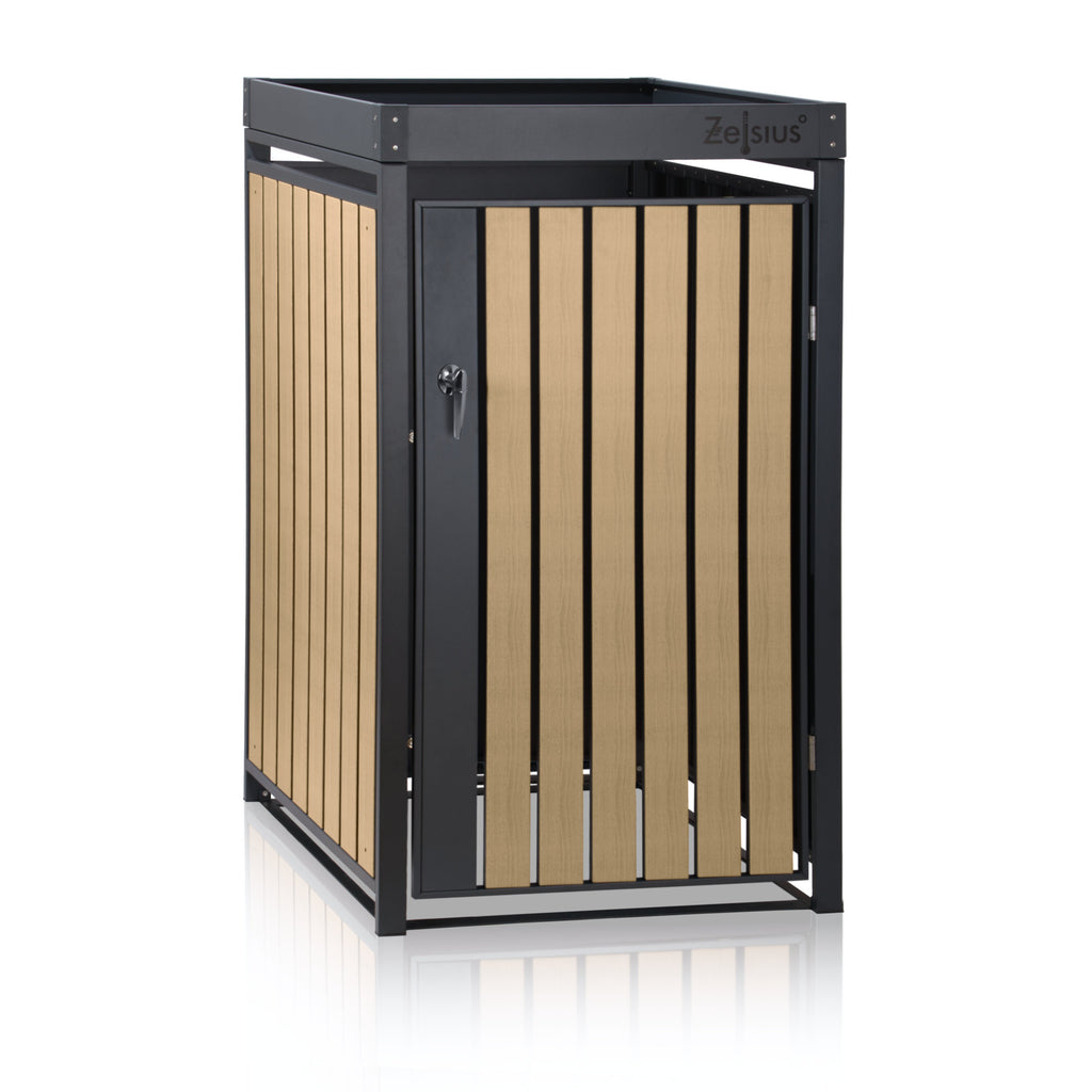 Bin storage box, anthracite RAL 7016, door in wood look (beech), incl. green roof