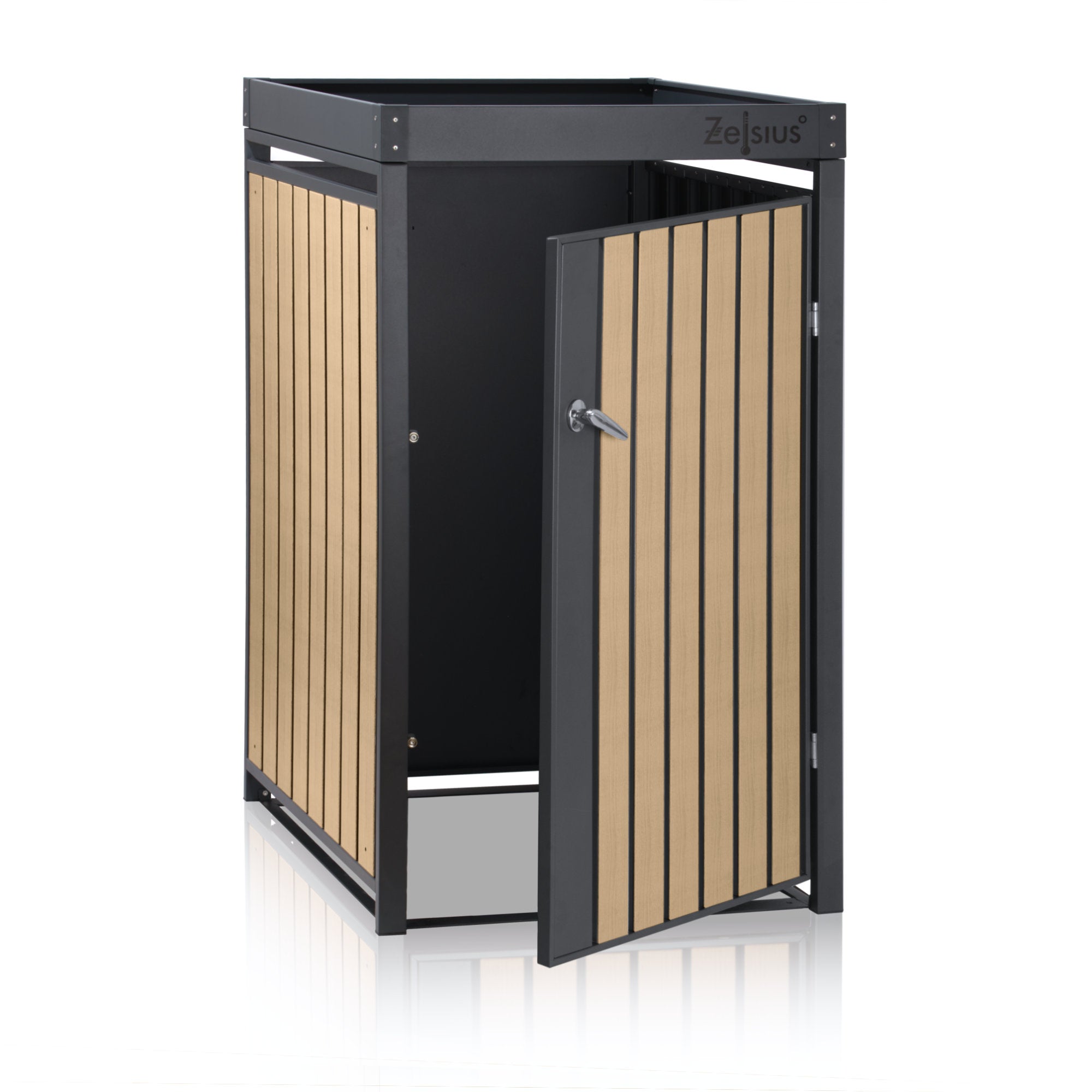 Bin storage box, anthracite RAL 7016, door in wood look (beech), incl. green roof