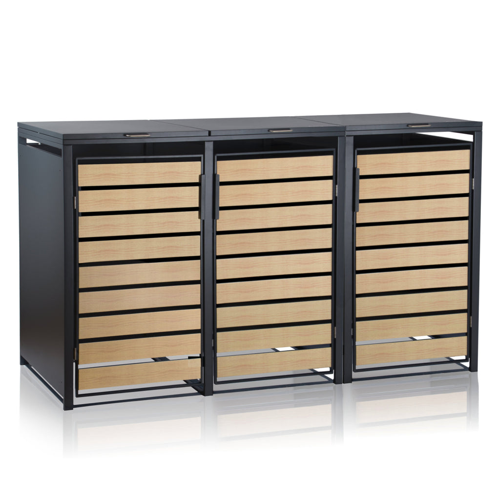 Ensemble de 3 poubelles, anthracite RAL 7016, porte imitation bois