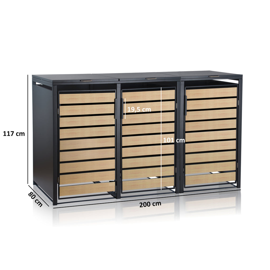 Ensemble de 3 poubelles, anthracite RAL 7016, porte imitation bois