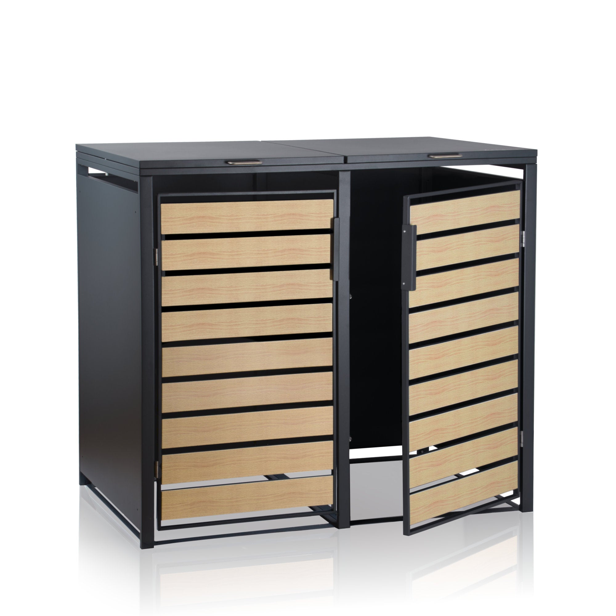 Ensemble de 3 poubelles, anthracite RAL 7016, porte imitation bois