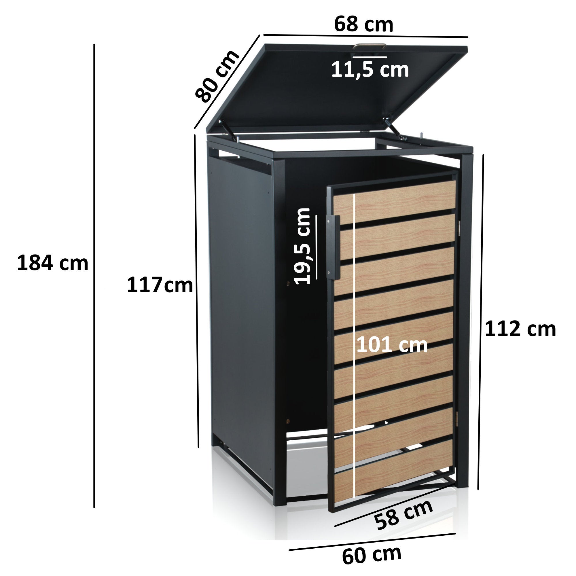 Bin storage box, anthracite RAL 7016, door in wood look