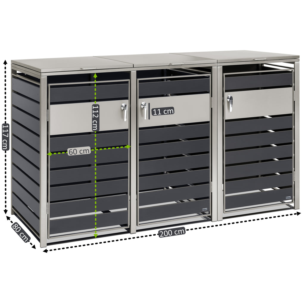 Mülltonnenbox, 3er Set, Anthrazit RAL 7016, Edelstahlelemente