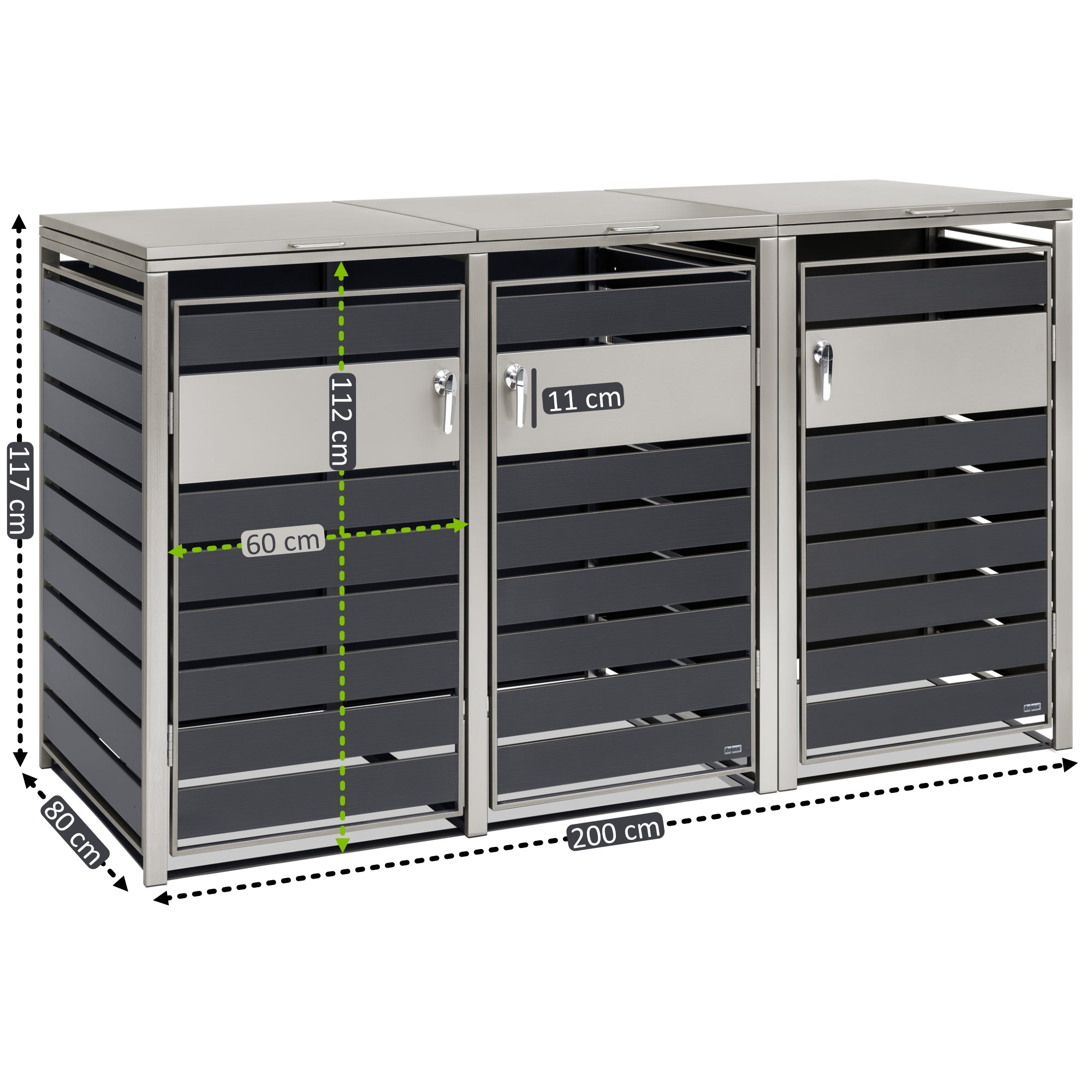 Bin storage unit, set of 3, anthracite RAL 7016, stainless steel elements