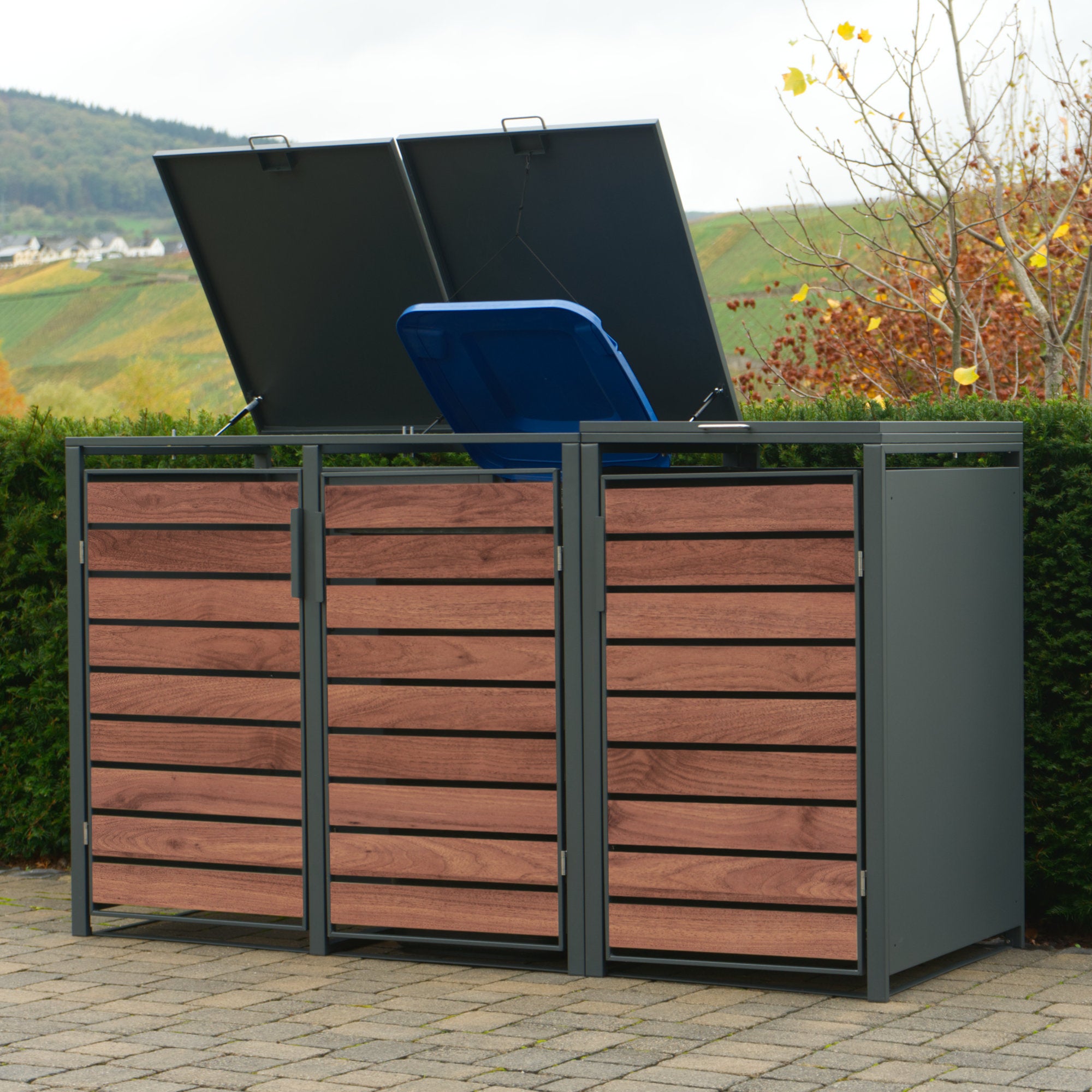 Ensemble de 4 poubelles, anthracite RAL 7016, porte aspect bois