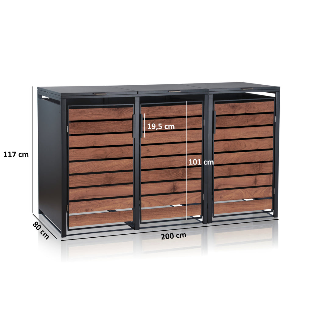 Ensemble de 3 poubelles, anthracite RAL 7016, porte imitation bois