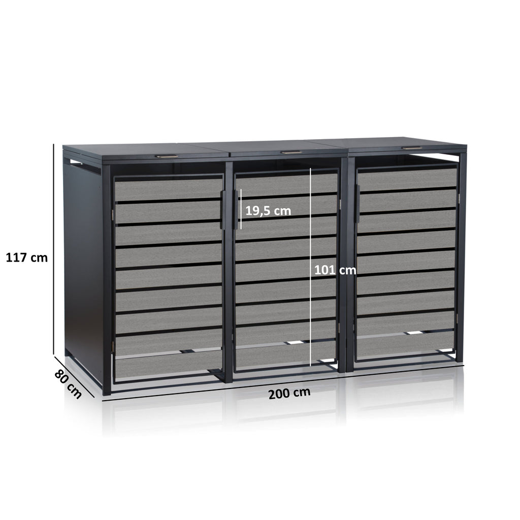 Ensemble de 3 poubelles, anthracite RAL 7016, porte imitation bois