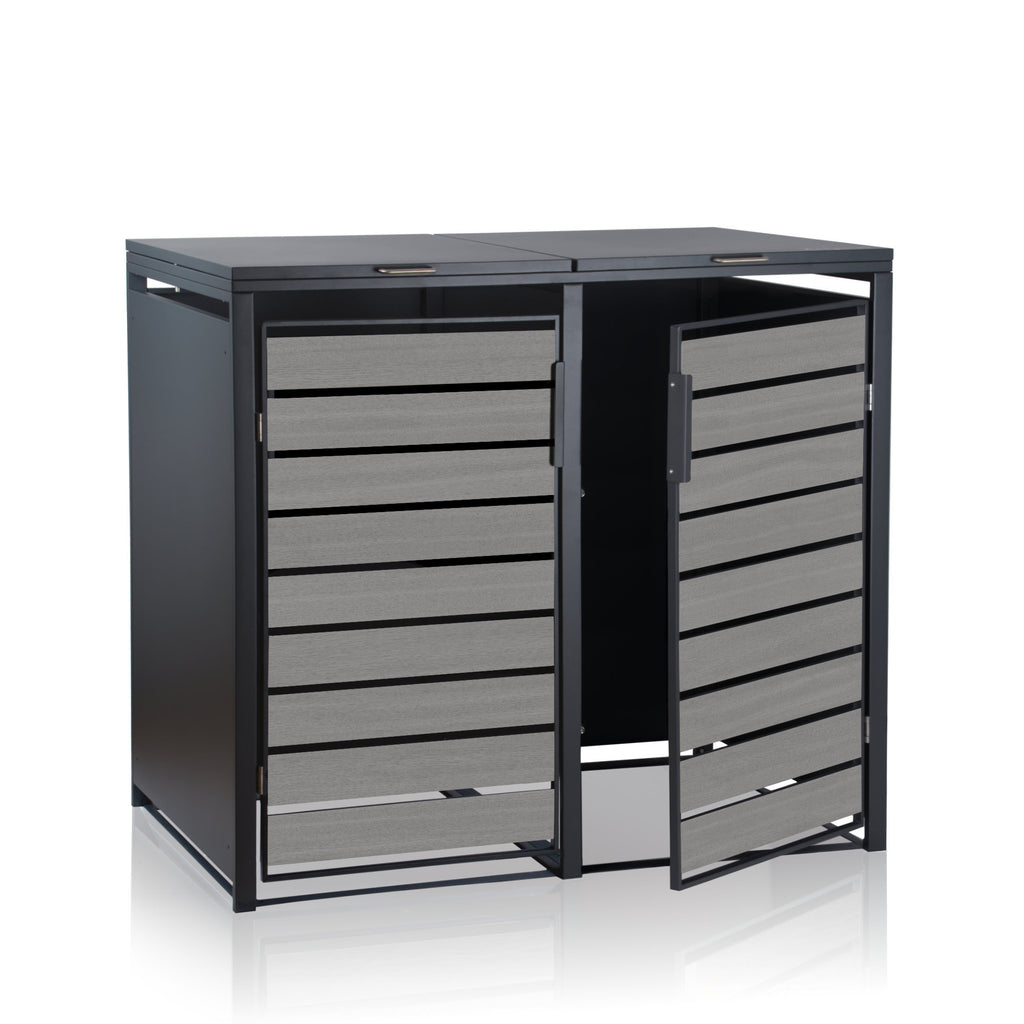 Ensemble de 3 poubelles, anthracite RAL 7016, porte imitation bois