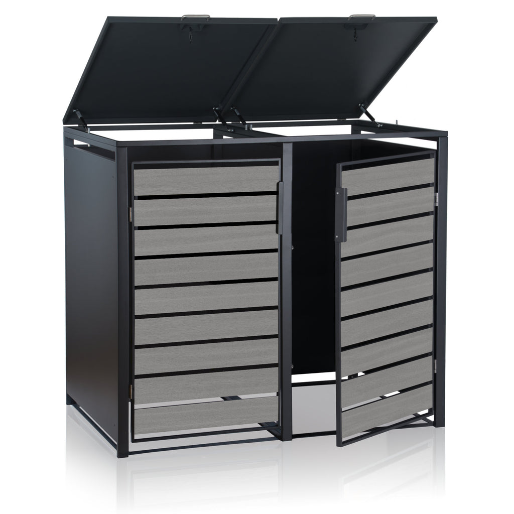Ensemble de 4 poubelles, anthracite RAL 7016, porte aspect bois