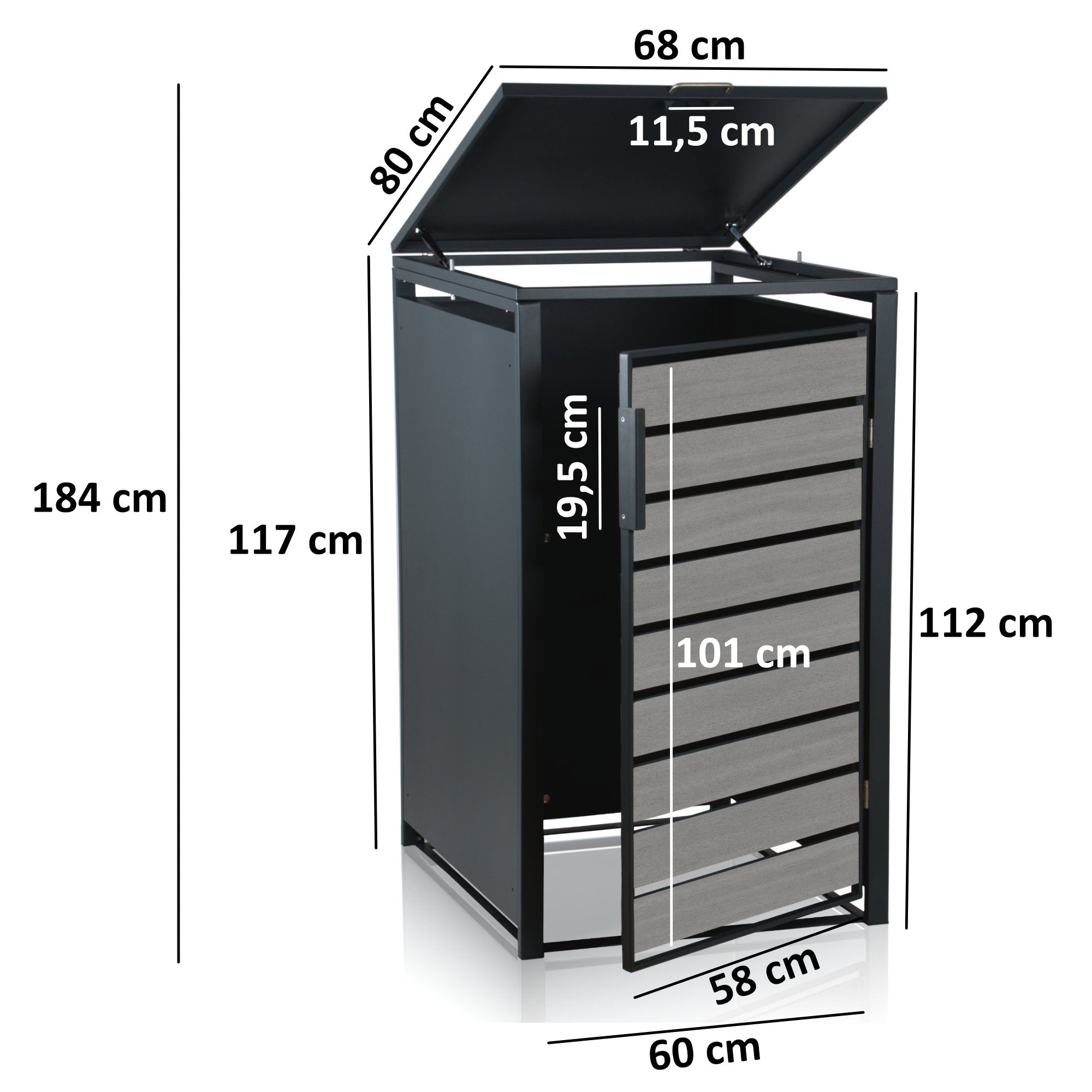 Bin storage box, anthracite RAL 7016, door in wood look