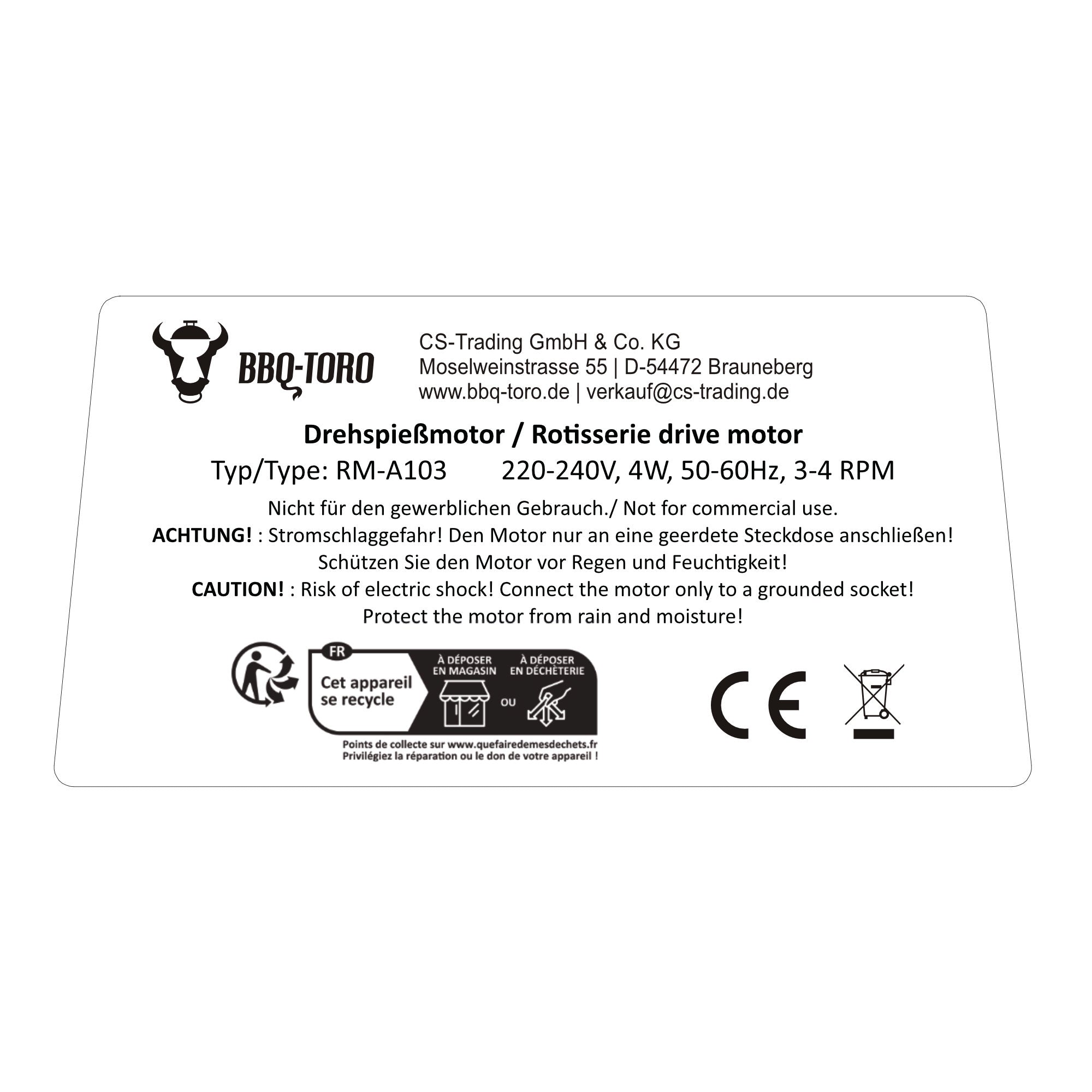 Moteur de rôtissoire, 220-240 V, capacité de charge jusqu'à 10 kg