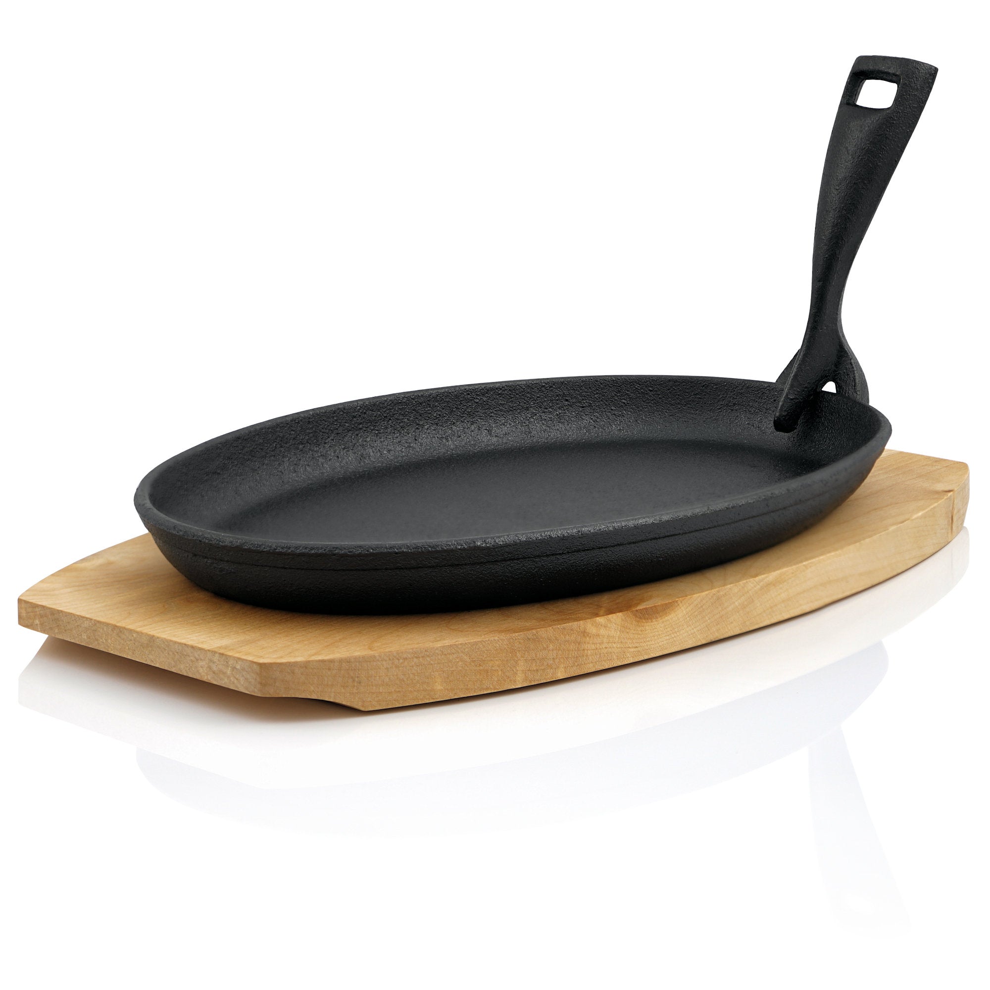 Serving pan, 27 x 18 cm, cast iron, including wooden board