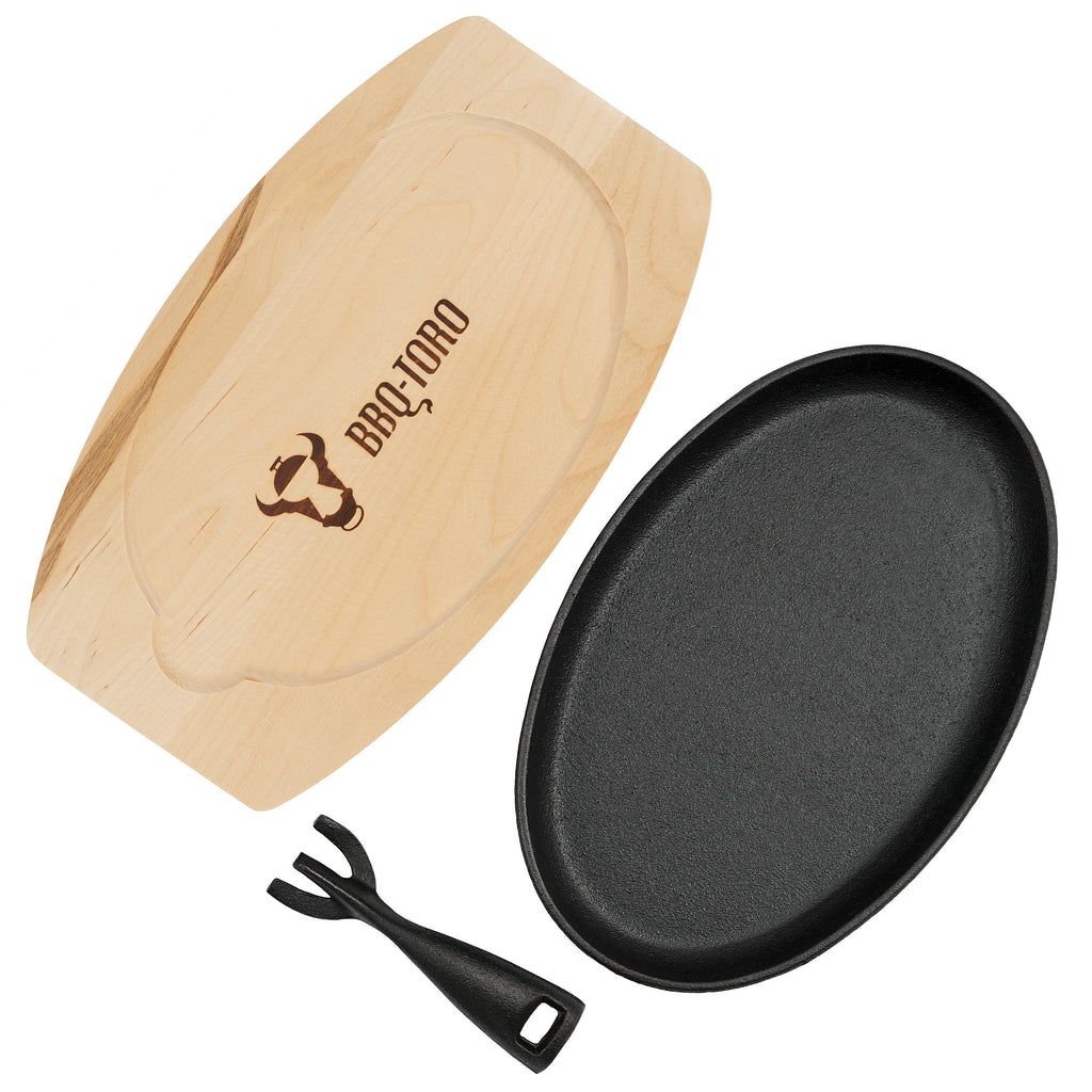 Serving pan, 27 x 18 cm, cast iron, including wooden board