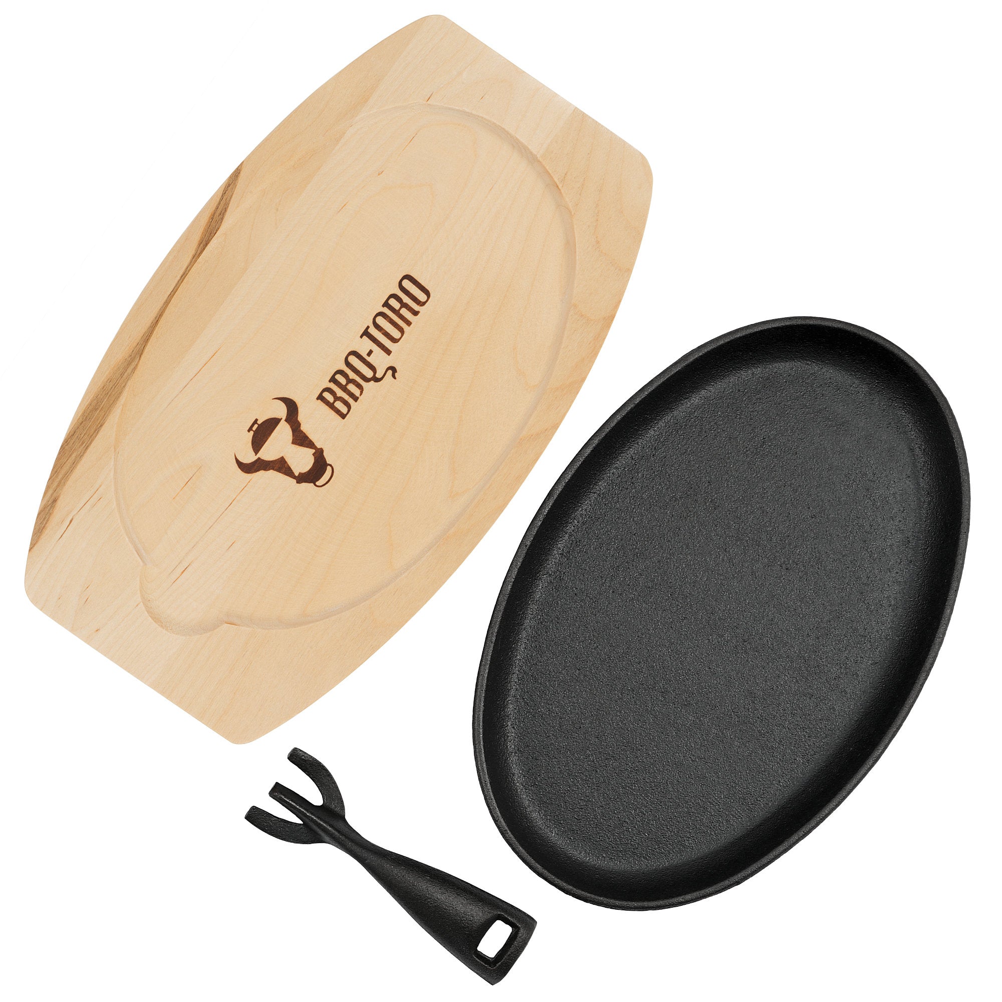 Serving pan, 27 x 18 cm, cast iron, including wooden board