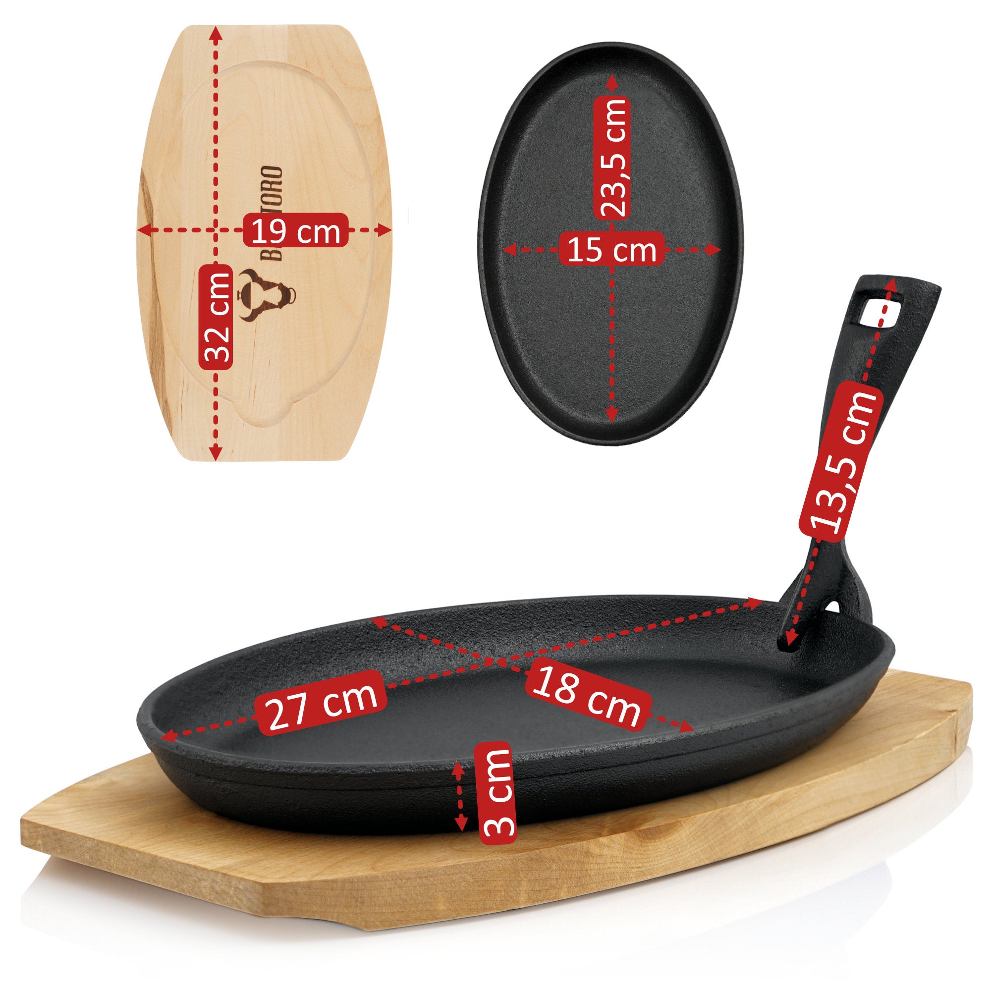 Plat de service, 27 x 18 cm, en fonte, avec planche en bois.