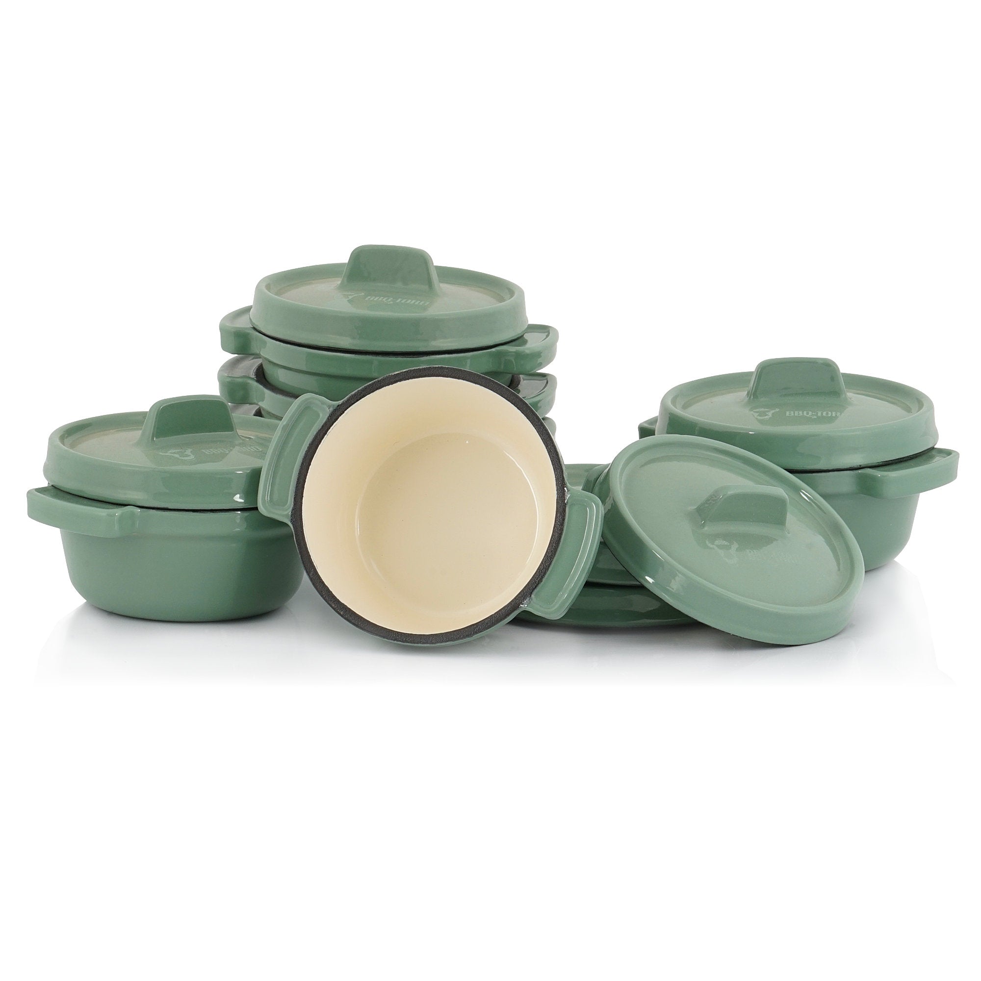 Cocotte, lot de 6, 250 ml chacune, verte, en fonte émaillée