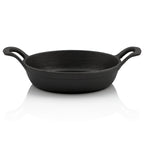 Plat de service, Ø 16 cm, en fonte, avec socle en bois.