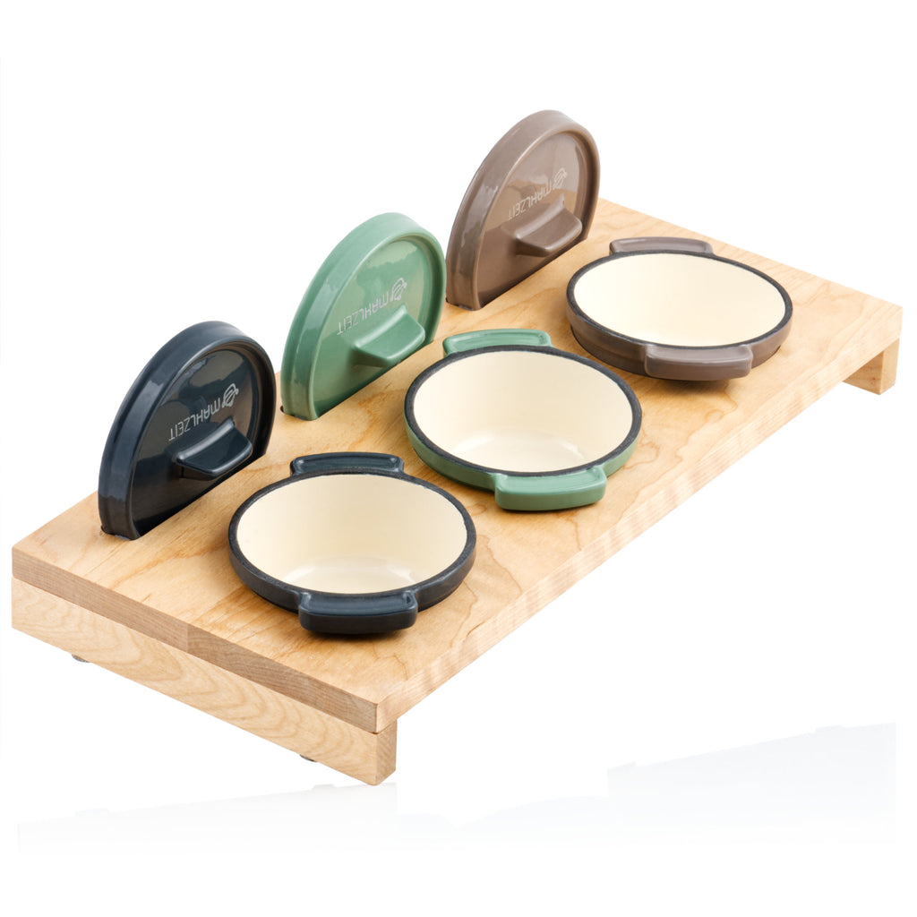 Cocotte, set of 3, 250ml each, cast iron, enamelled, incl. wooden stand