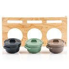 Cocottes, lot de 3, 250 ml chacune, en fonte émaillée, avec support en bois