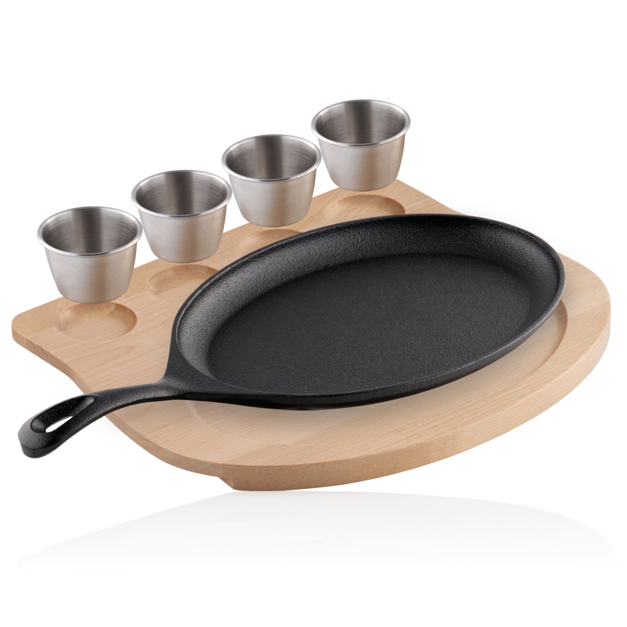 Serving pan, 24 x 17.5 cm, oval, including stainless steel dipping bowls and wooden base.