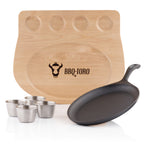 Plat de service ovale, 24 x 17,5 cm, comprenant des bols à trempette en acier inoxydable et une base en bois.