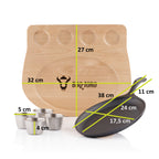 Plat de service ovale, 24 x 17,5 cm, comprenant des bols à trempette en acier inoxydable et une base en bois.