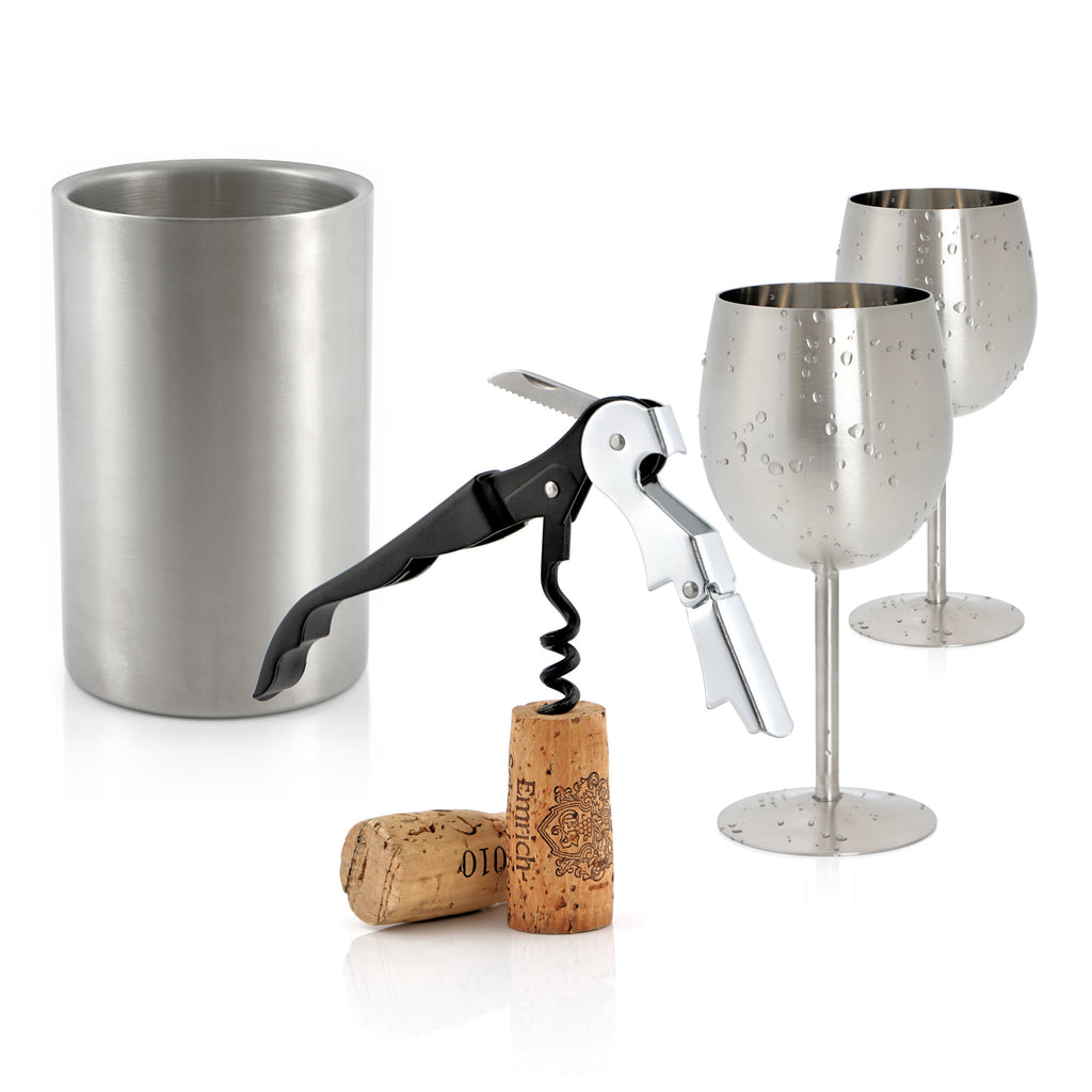 Service de table comprenant 2 verres à vin, un rafraîchisseur de bouteille et un couteau de serveur