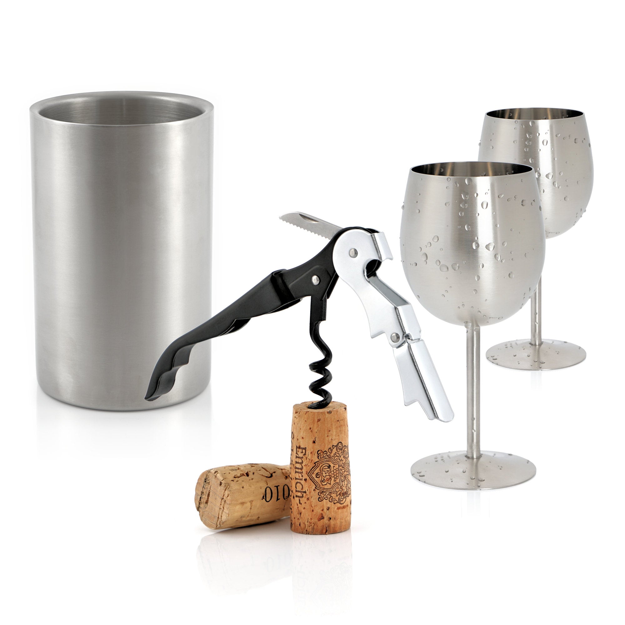 Service de table comprenant 2 verres à vin, un rafraîchisseur de bouteille et un couteau de serveur