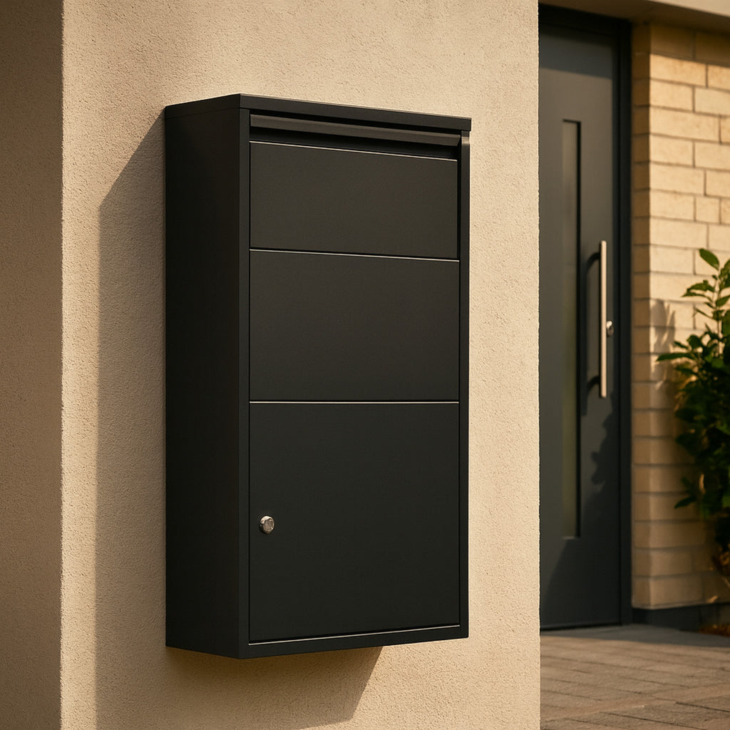 "Merkur" mailbox, including parcel compartment, powder-coated steel with stainless steel, RAL7016 anthracite