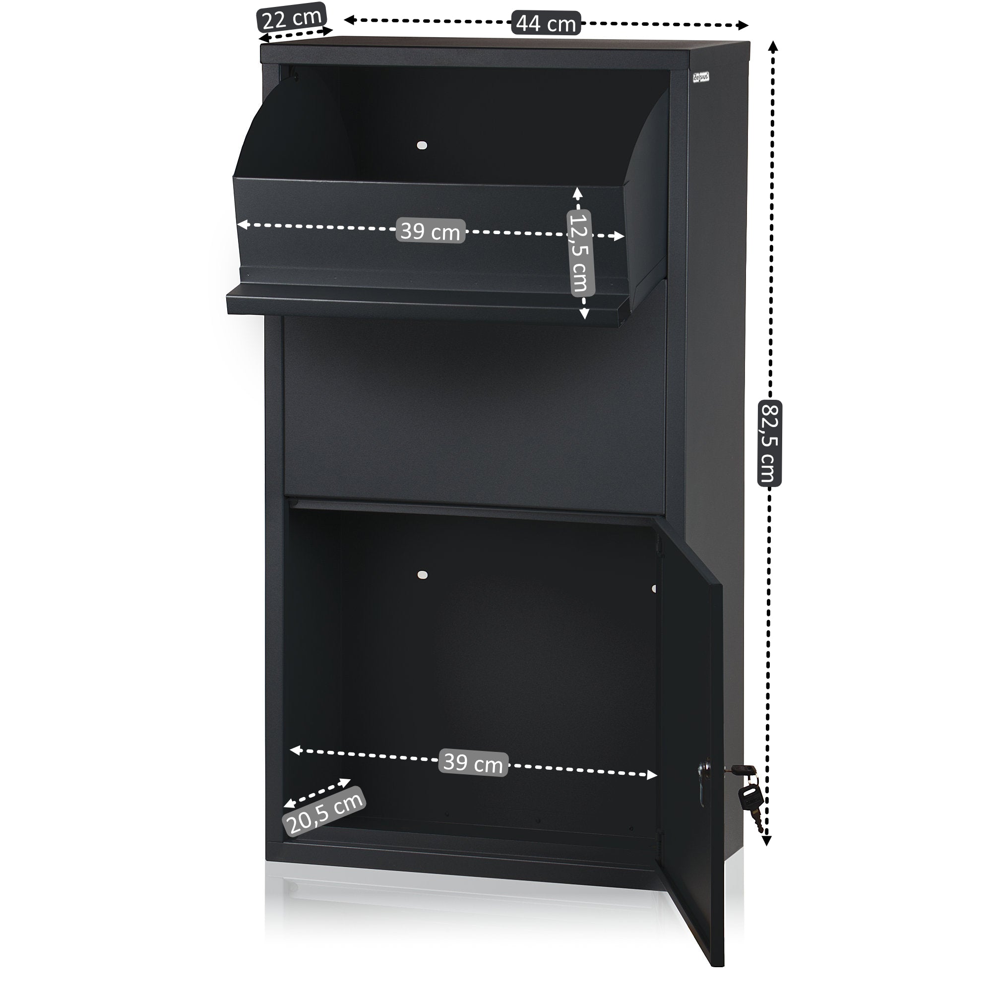 "Merkur" mailbox, including parcel compartment, powder-coated steel with stainless steel, RAL7016 anthracite