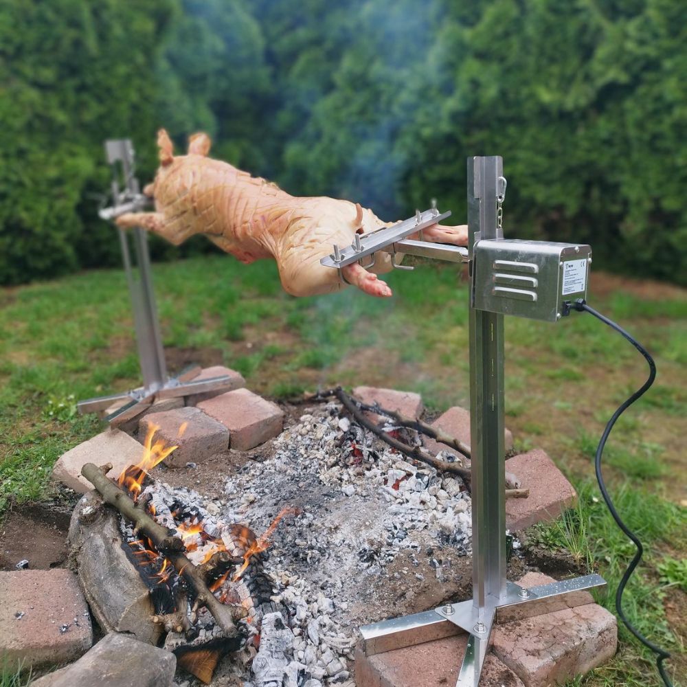 Suckling pig grill including motor, height adjustable