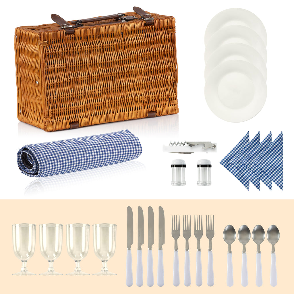 Panier de pique-nique comprenant un service de table de 29 pièces pour 4 personnes