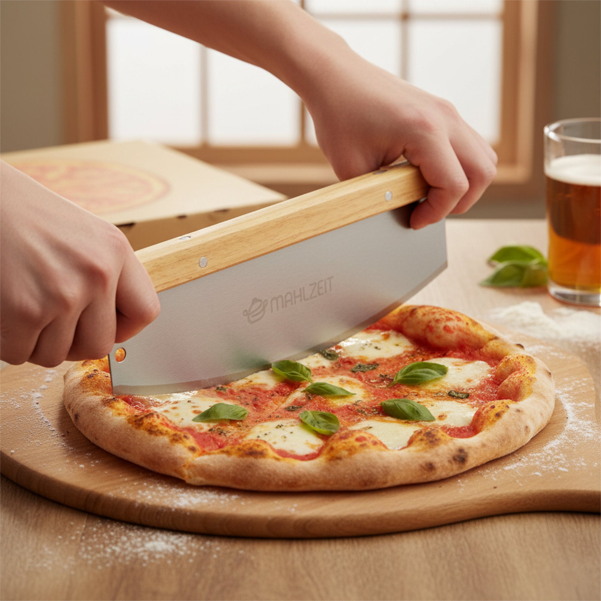 Couteau à pizza, 36 x 12 cm, acier inoxydable, manche en bambou