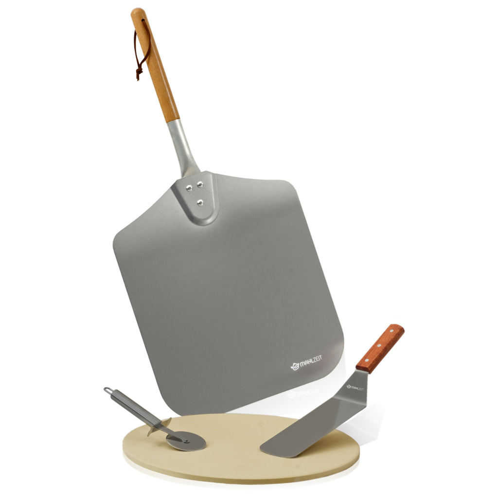 Pizza Set, 4-teilig, Ø 38 Pizzastein, inkl. Schaufel, Pizzaroller, Spachtel