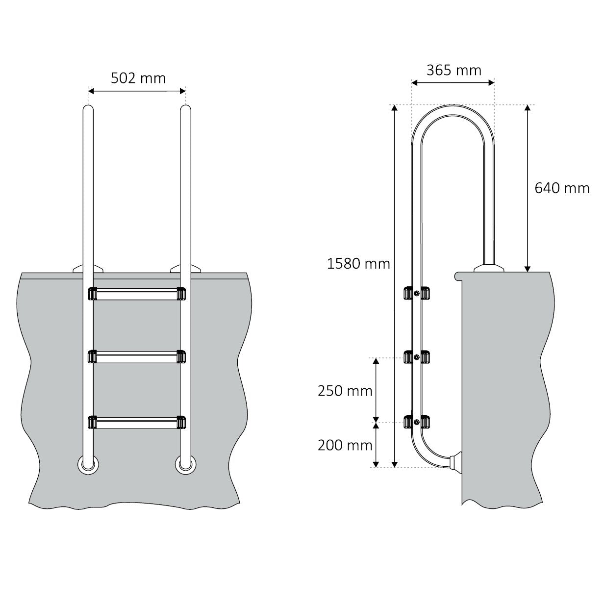 Échelle de piscine à 3 marches, en acier inoxydable, 50,2 x 36,5 x 158 cm, avec revêtement antidérapant.