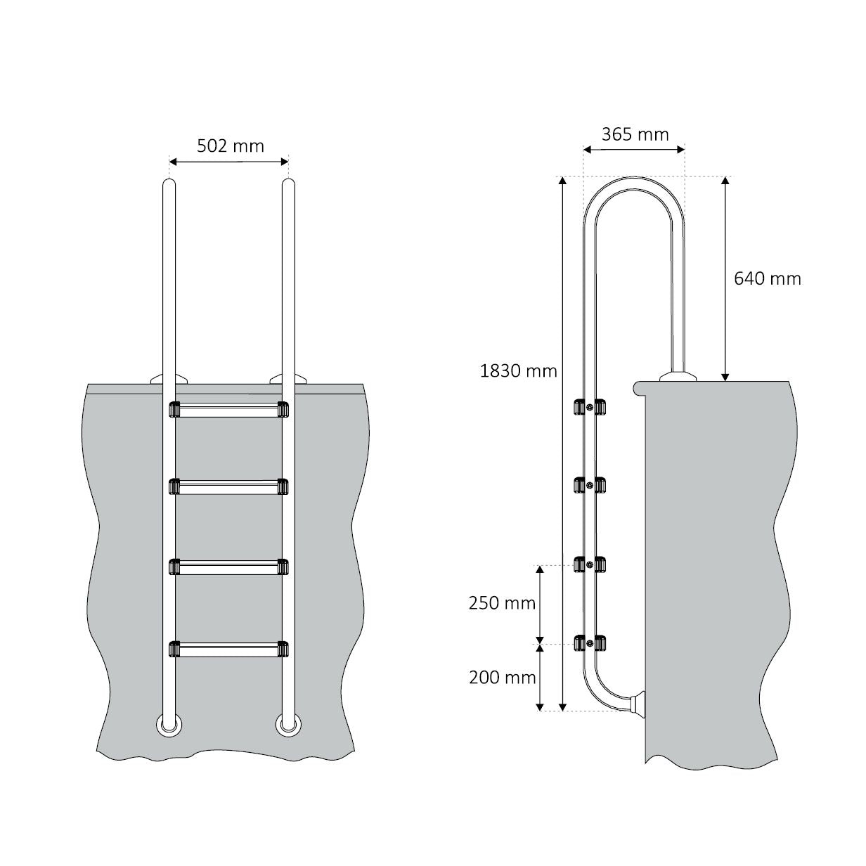 Échelle de piscine à 4 marches, en acier inoxydable, 50,2 x 36,5 x 183 cm, avec revêtement antidérapant.