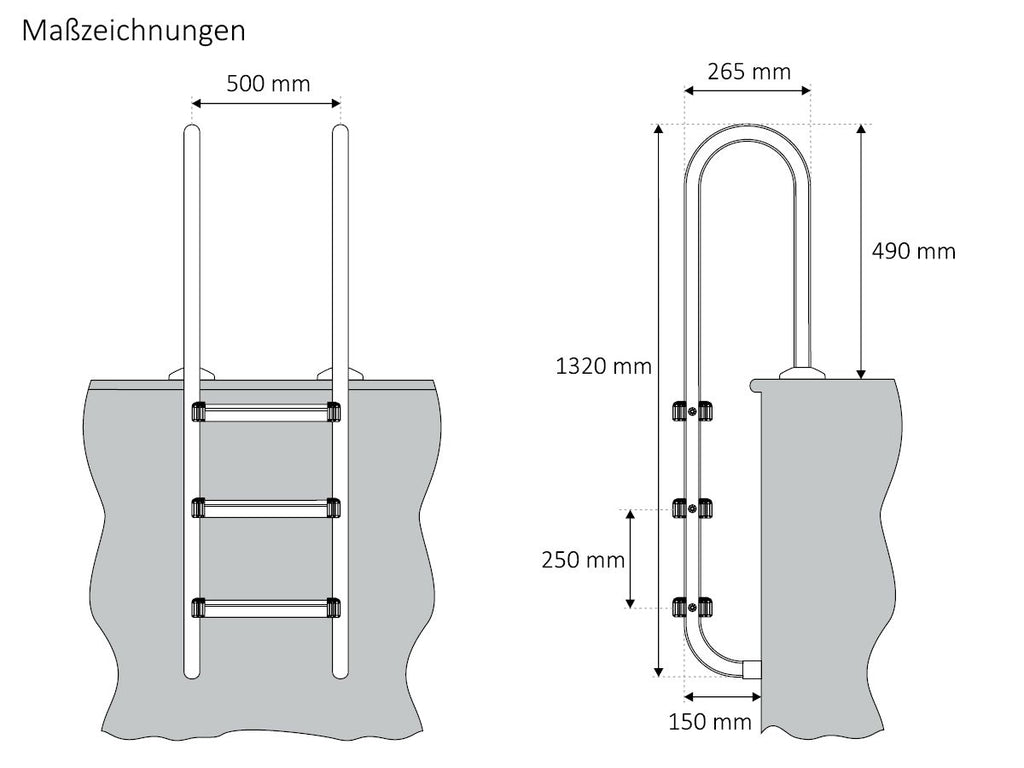 Pool ladder, 3 steps, stainless steel, 50 x 26.5 x 132 cm, including anti-slip surface