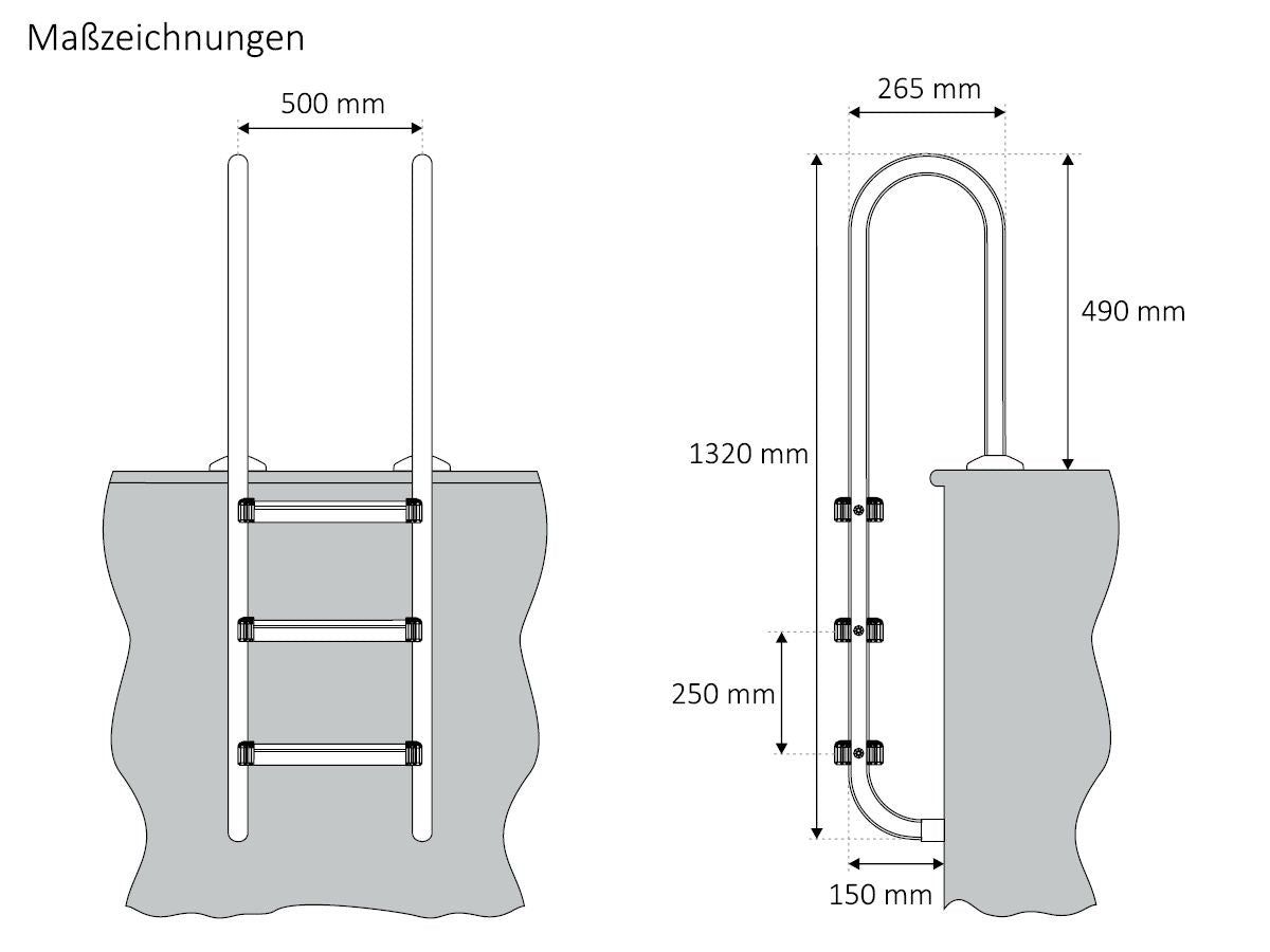 Échelle de piscine à 3 marches, en acier inoxydable, 50 x 26,5 x 132 cm, avec revêtement antidérapant.