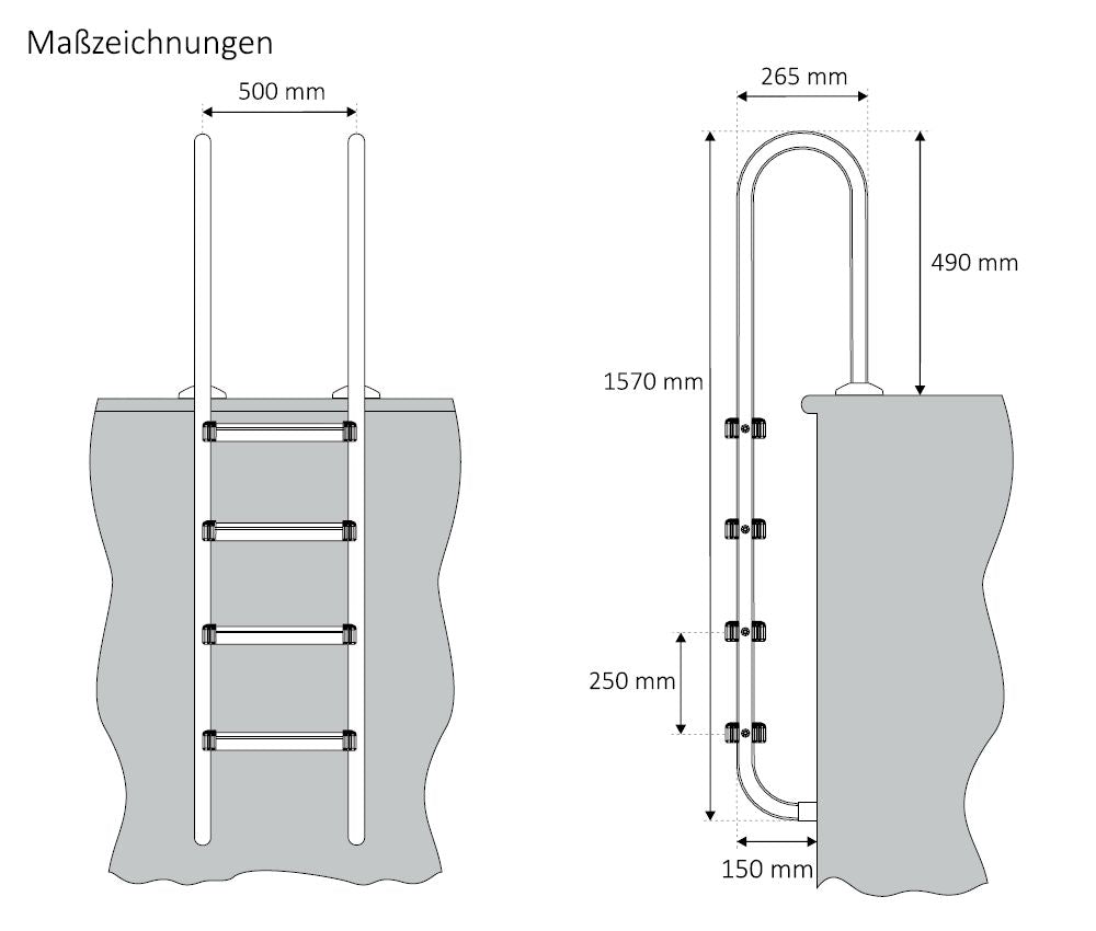 Échelle de piscine à 4 marches, en acier inoxydable, 50 x 26,5 x 157 cm, avec revêtement antidérapant.