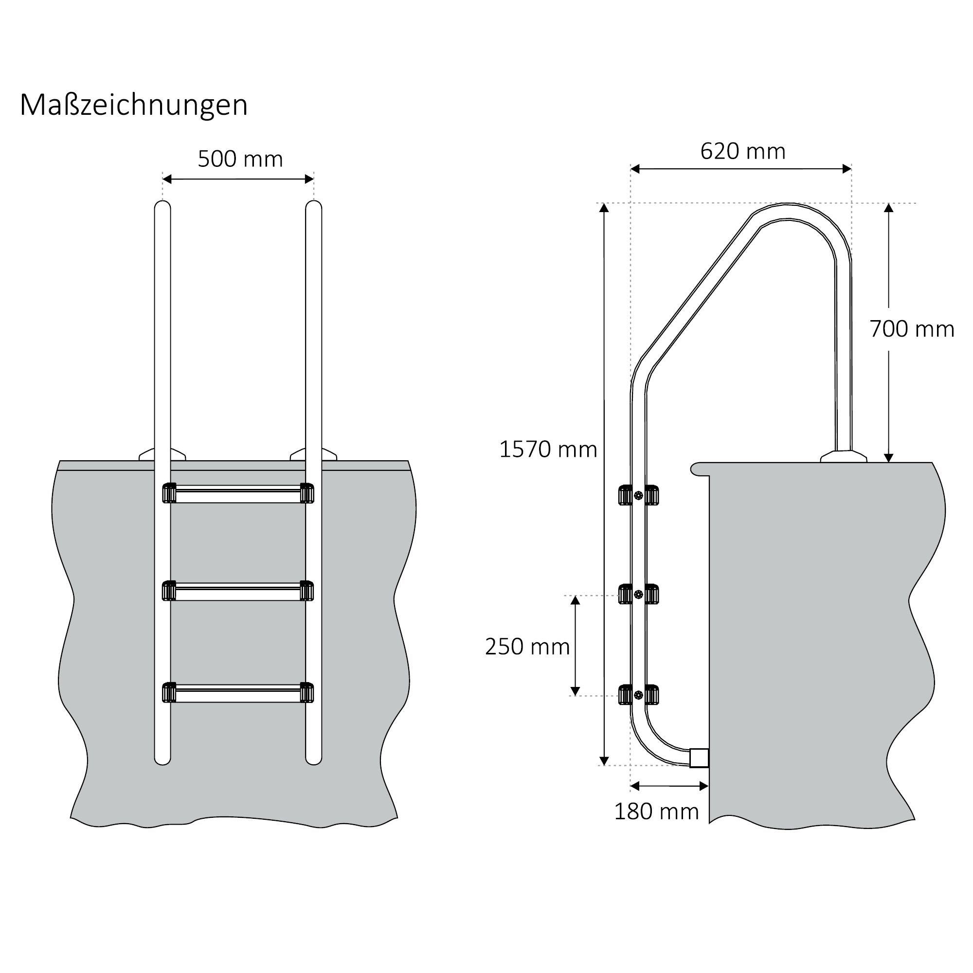 Échelle de piscine à 3 marches, en acier inoxydable, 50 x 62 x 157 cm, avec revêtement antidérapant.