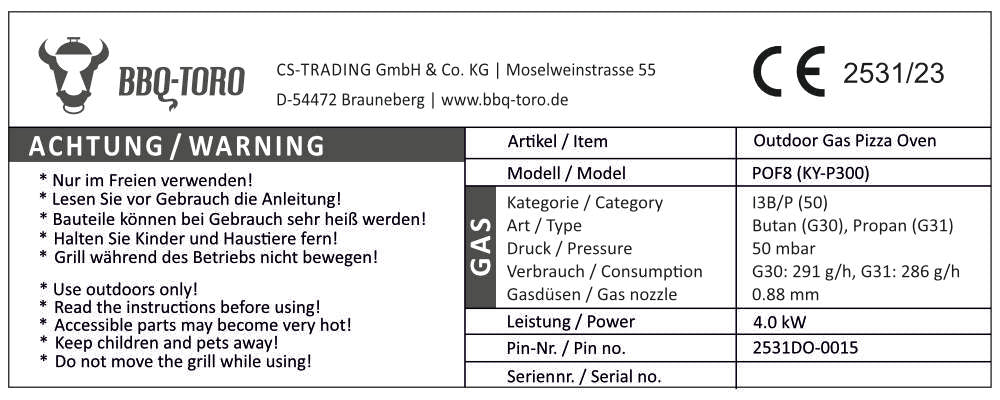 Gas pizza oven, including thermometer