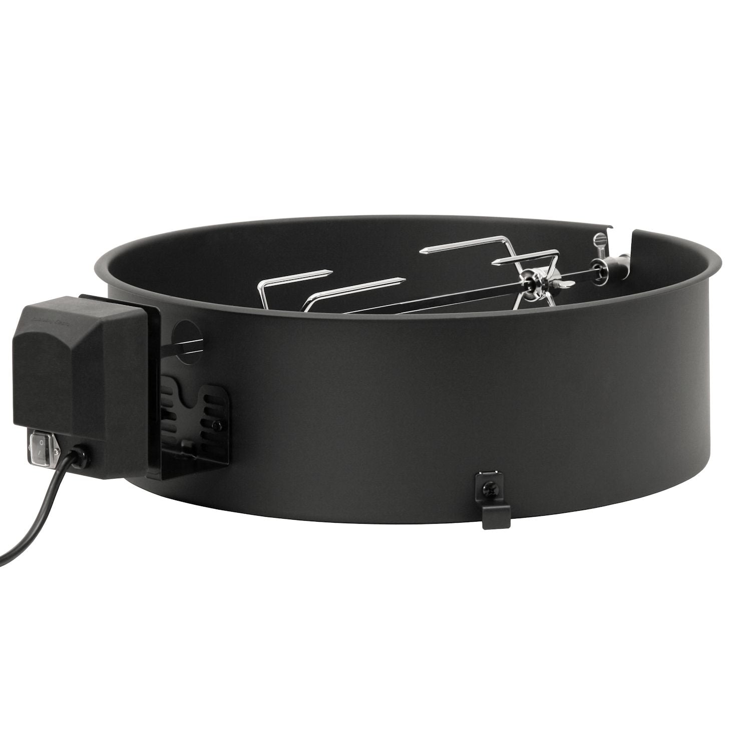 Ensemble de brochettes pour barbecue à charbon de bois de Ø 47 cm, comprenant le corps du barbecue, les brochettes, le moteur et les fourchettes à viande.