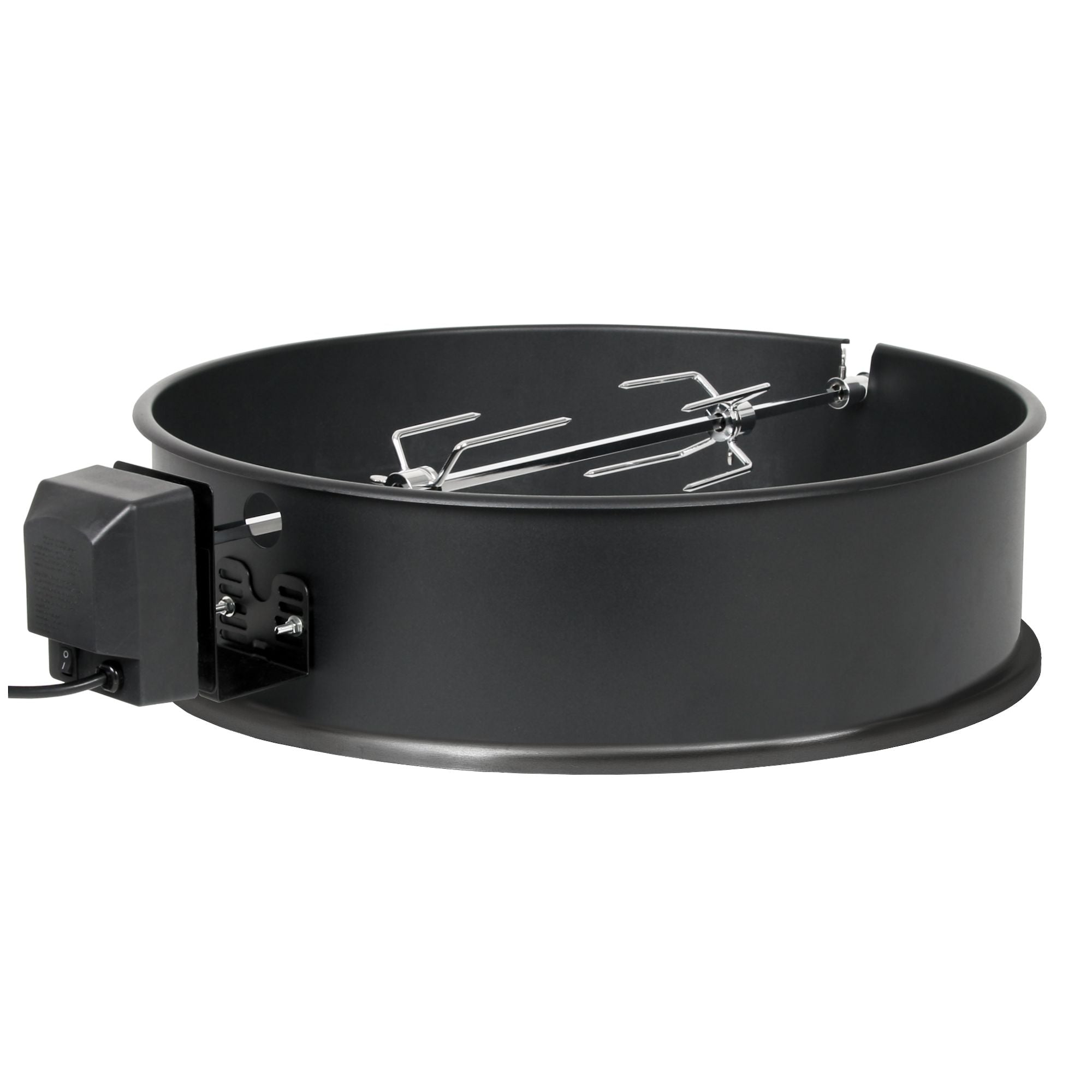 Ensemble de brochettes pour barbecue à charbon de bois de Ø 57 cm, comprenant le corps du barbecue, les brochettes, le moteur et les fourchettes à viande.